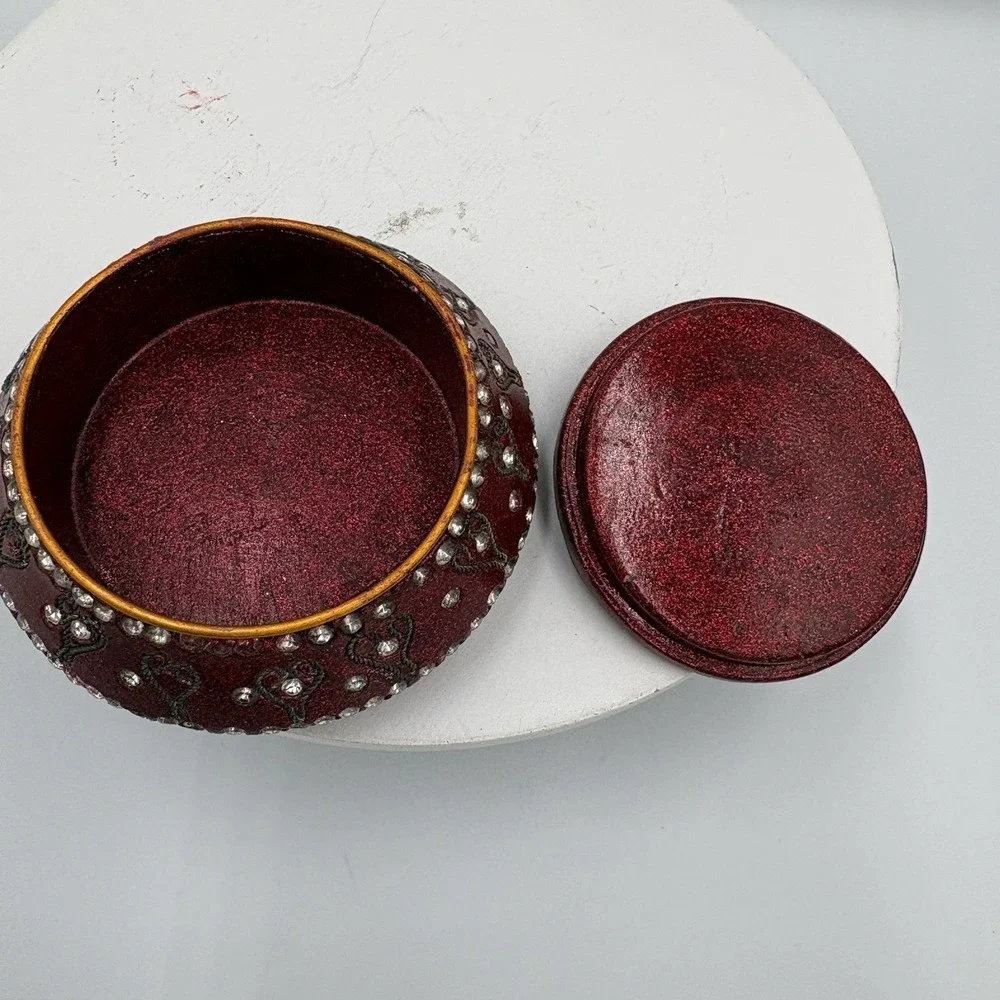 Burgundy Enamel Trinket Ring Box Metallic Fleck Finish Rhinestones Inlaid Hearts
